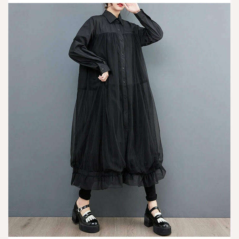 KIMLUD, Oversized Autumn Shirt Long Dress Women Mesh Patchwork Long Sleeve Ladies Dresses Fashion Casual Loose Dress Woman 2023, KIMLUD Womens Clothes