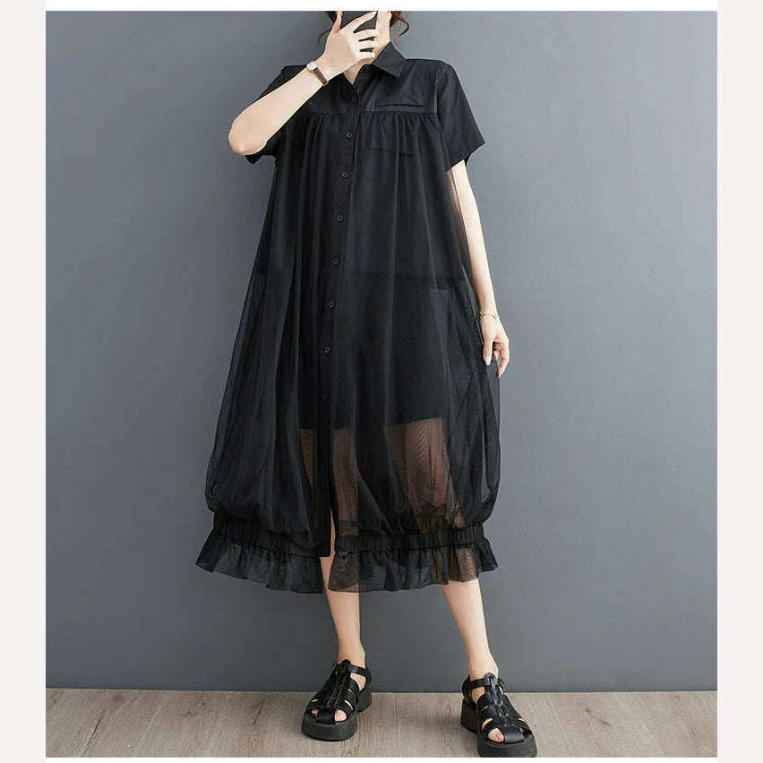 KIMLUD, Oversized Autumn Shirt Long Dress Women Mesh Patchwork Long Sleeve Ladies Dresses Fashion Casual Loose Dress Woman 2023, KIMLUD Womens Clothes