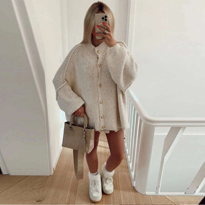 Oversized Casual Cardigan Women Sweater Single Breasted O-neck Fashion 2024 Spring Office Female Sweaters All-match Top Coat, A white / S, KIMLUD Women's Clothes