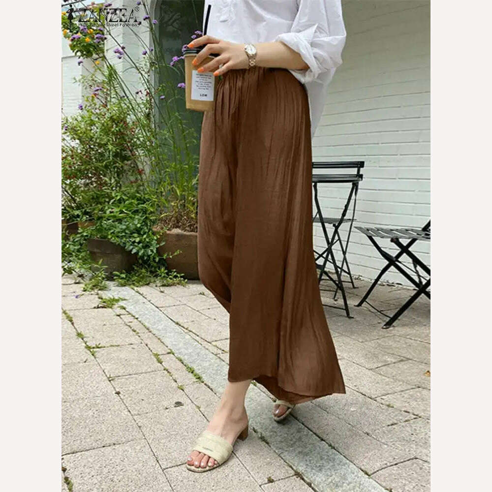 KIMLUD, Oversized Casual Pants ZANZEA Bohemian Women Wide Leg Pants Fashion High Waist Summer Trousers Vintage Polka Dot Long Pantalons, B-Brown / XL / CHINA, KIMLUD Womens Clothes