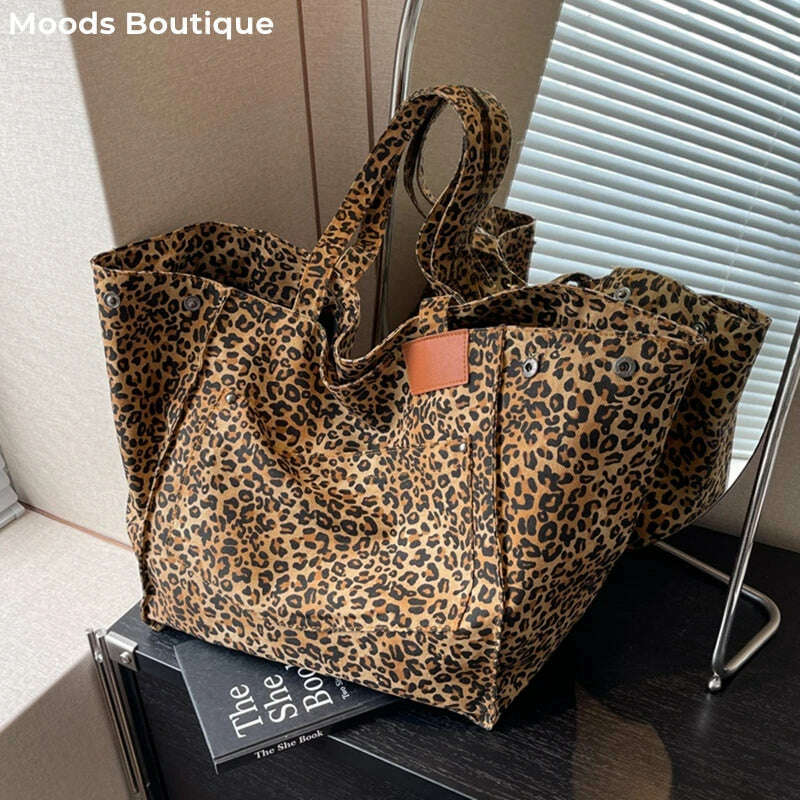 KIMLUD, Oversized Leopard Prints Shoulder Bags For Women Deformable Canvas Large Capacity Shopping Totes 2023 Winter New Luxury Handbags, KIMLUD Womens Clothes
