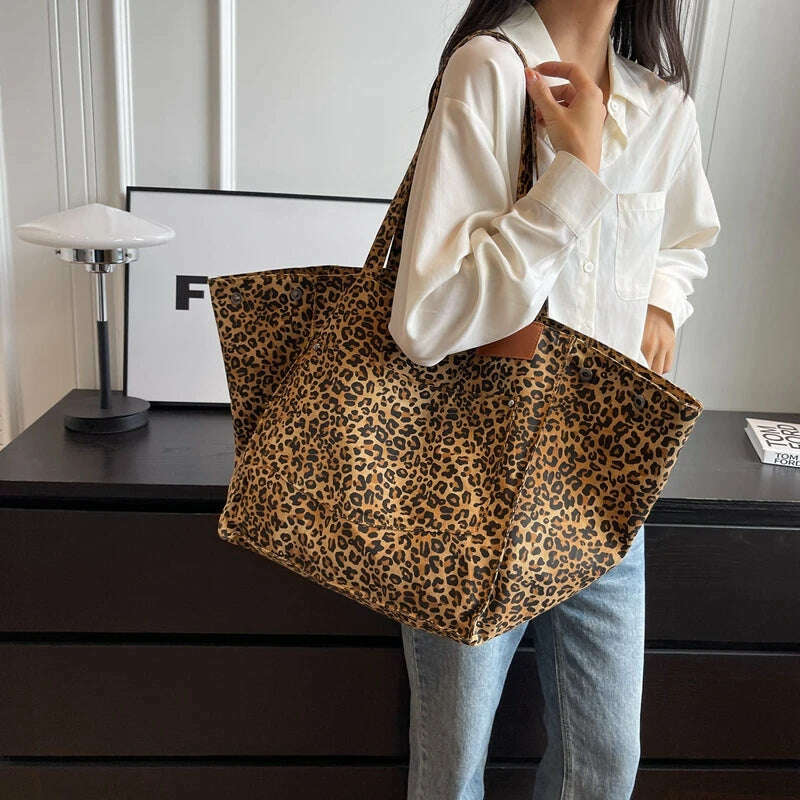 KIMLUD, Oversized Leopard Prints Shoulder Bags For Women Deformable Canvas Large Capacity Shopping Totes 2023 Winter New Luxury Handbags, KIMLUD Women's Clothes