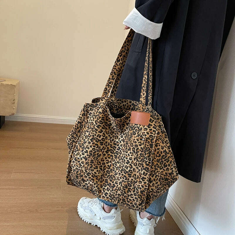 KIMLUD, Oversized Leopard Prints Shoulder Bags For Women Deformable Canvas Large Capacity Shopping Totes 2023 Winter New Luxury Handbags, KIMLUD Womens Clothes