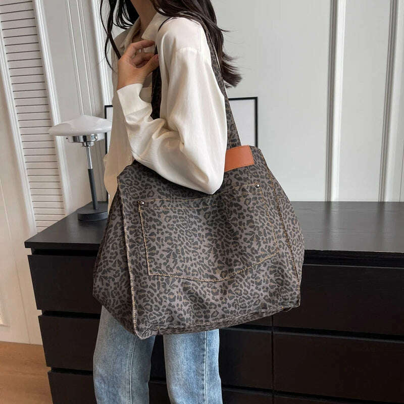 KIMLUD, Oversized Leopard Prints Shoulder Bags For Women Deformable Canvas Large Capacity Shopping Totes 2023 Winter New Luxury Handbags, KIMLUD Womens Clothes