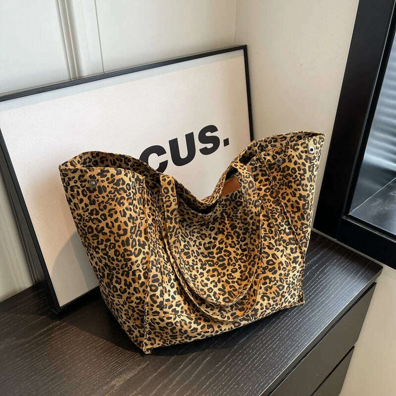 KIMLUD, Oversized Leopard Prints Shoulder Bags For Women Deformable Canvas Large Capacity Shopping Totes 2023 Winter New Luxury Handbags, Brown / 60x33x34x19cm, KIMLUD Women's Clothes