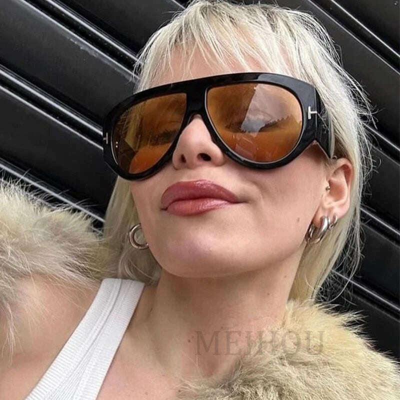 Oversized Pilot Sunglasses Women Fashion 2023 Luxury Big Frame One Piece Gradient Sunglasses Retro Classic Thick Shades - KIMLUD