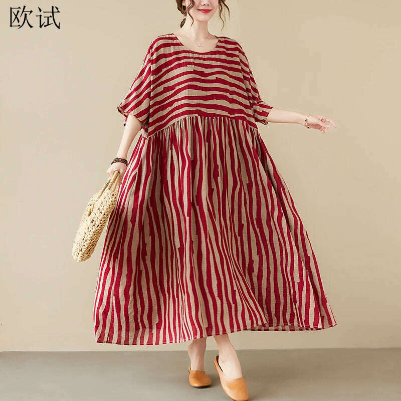 KIMLUD, Oversized Summer Vintage Stripped Korea Dress for Women New Fashion Ladies Dresses Long Mujer Femme Woman Beach Style Dress 2023, Red Dress / Suitable for L-5XL, KIMLUD Womens Clothes