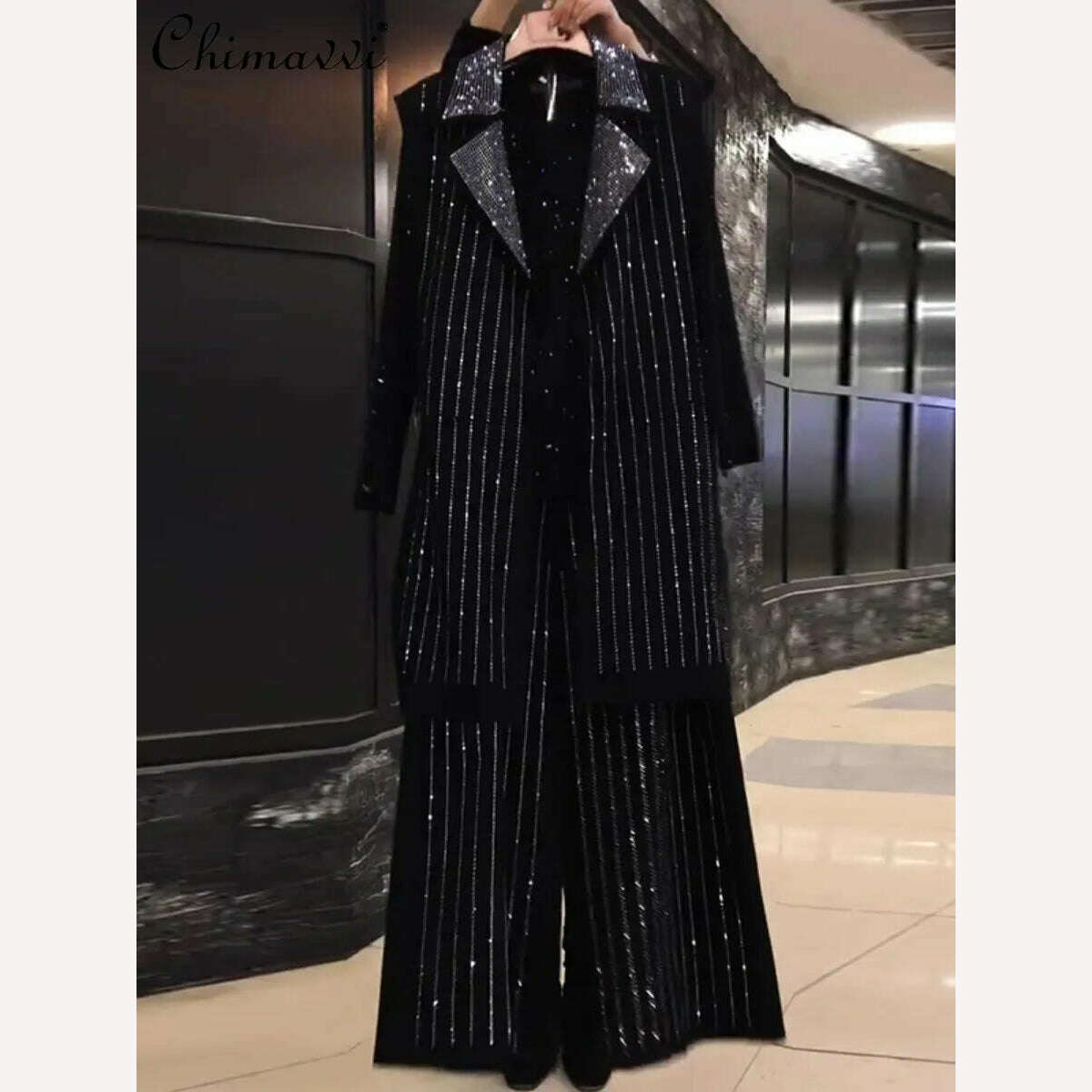 KIMLUD, Oversized Women's Clothing Autumn New Mid-Length Loose Sleeveless Vest Wide Leg Pants Streetwear Heavy Diamond 3pcs Suit Fashion, KIMLUD Womens Clothes