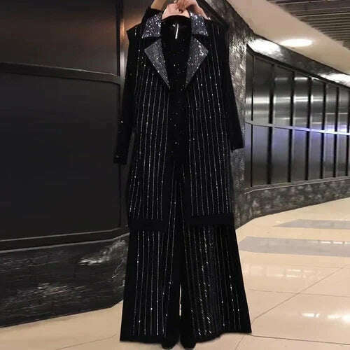 KIMLUD, Oversized Women's Clothing Autumn New Mid-Length Loose Sleeveless Vest Wide Leg Pants Streetwear Heavy Diamond 3pcs Suit Fashion, Black white diamonds / 6XL, KIMLUD Womens Clothes