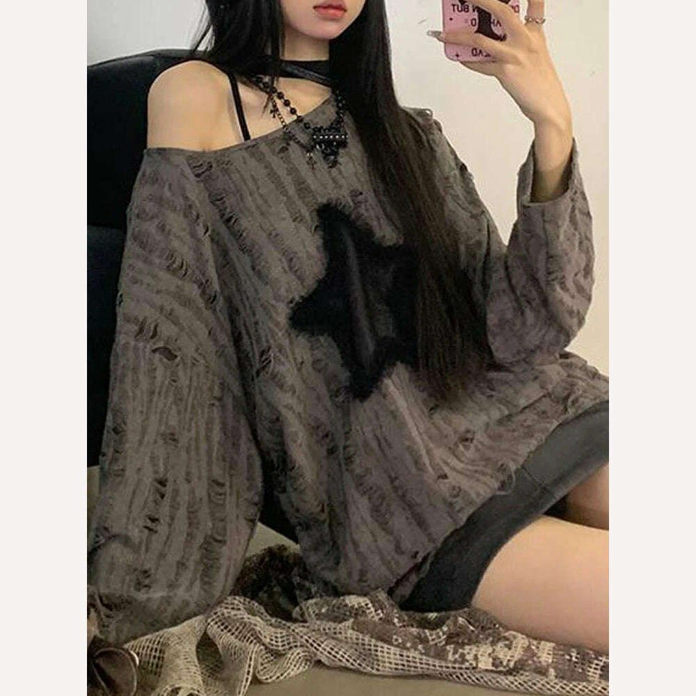 KIMLUD, Oversized Y2k Tops Women Vintage Harajuku Star Graphic Print Hole T-Shirts Female Autumn Fashion Off Shoulder Drawstring Tees, KIMLUD Womens Clothes