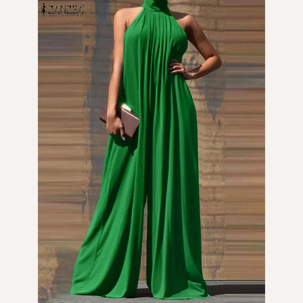 KIMLUD, Oversized ZANZEA Fashion Women Jumpsuits 2023 Summer Pleated Wide Leg Overalls Casual Solid Sleeveless Loose Button Up Rompers, A-Green / S, KIMLUD Womens Clothes