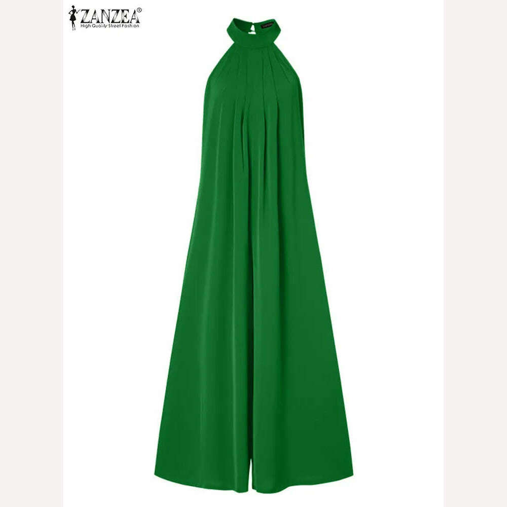 Oversized ZANZEA Fashion Women Jumpsuits 2023 Summer Pleated Wide Leg Overalls Casual Solid Sleeveless Loose Button Up Rompers - KIMLUD