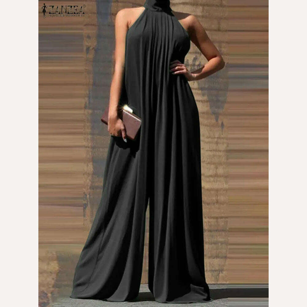 Oversized ZANZEA Fashion Women Jumpsuits 2023 Summer Pleated Wide Leg Overalls Casual Solid Sleeveless Loose Button Up Rompers - KIMLUD