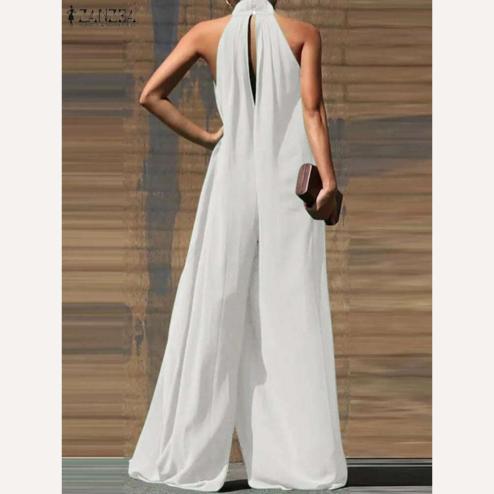 KIMLUD, Oversized ZANZEA Fashion Women Jumpsuits 2023 Summer Pleated Wide Leg Overalls Casual Solid Sleeveless Loose Button Up Rompers, KIMLUD Womens Clothes