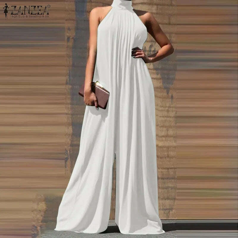 Oversized ZANZEA Fashion Women Jumpsuits 2023 Summer Pleated Wide Leg Overalls Casual Solid Sleeveless Loose Button Up Rompers - KIMLUD