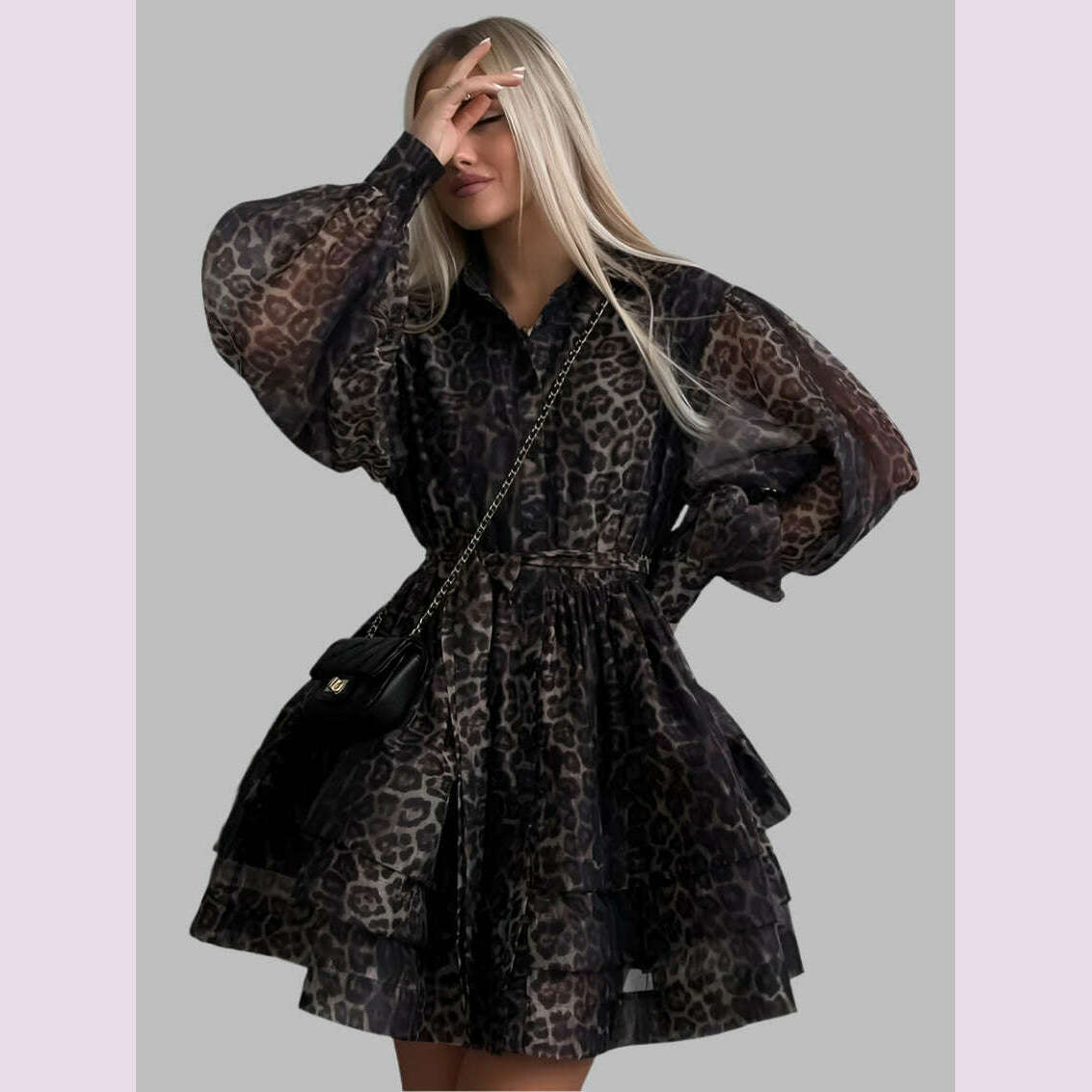 KIMLUD, Oymimi Fashion Brown Leopard Print Women's Dress Elegant Long Sleeve Buton Lace-Up Dresses Casual Cascading Ruffle Mini Dresses, KIMLUD Womens Clothes