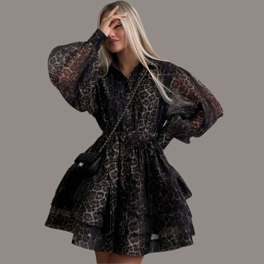 KIMLUD, Oymimi Fashion Brown Leopard Print Women's Dress Elegant Long Sleeve Buton Lace-Up Dresses Casual Cascading Ruffle Mini Dresses, Brown / S / CHINA, KIMLUD APPAREL - Womens Clothes