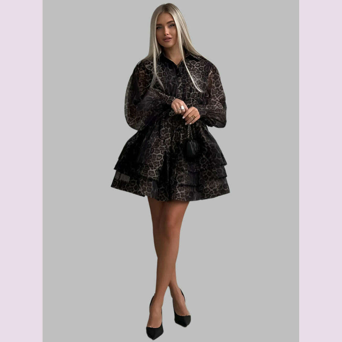 KIMLUD, Oymimi Fashion Brown Leopard Print Women's Dress Elegant Long Sleeve Buton Lace-Up Dresses Casual Cascading Ruffle Mini Dresses, KIMLUD Womens Clothes