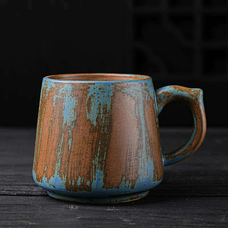 KIMLUD, Painted Ceramic Coffee Mug Handmade Retro Tea Mug Japanese Coarse Pottery Coffee Cup Creative Household Water Cup, blue coffee, KIMLUD Womens Clothes