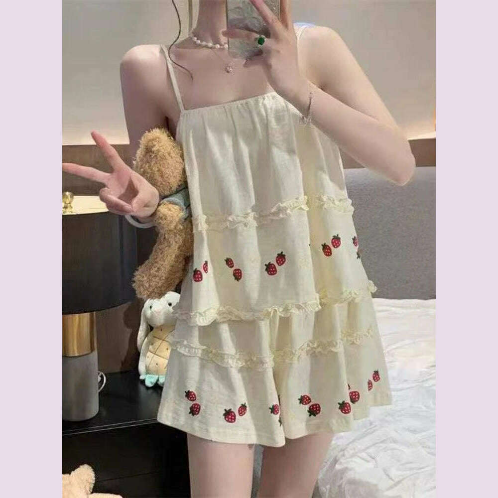 KIMLUD, Pajama Sets Women Summer Thin Sweet Cute Strawberry-print Fungus Edge Sleeveless Kawaii Student All-match Leisure Elegant Tender, KIMLUD Womens Clothes