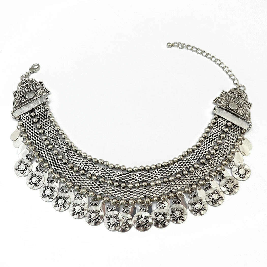 Pakistan Turkish Ethnic Coin Choker Necklace Earrings for Women Vintage Gypsy Indian Afghan Dress Collar Statement Jewelry Sets - KIMLUD