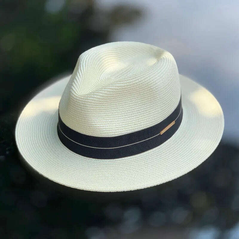KIMLUD, Panama Straw Hat Unisex Top Hat Fedora Hat Big Head Size Sunshade Adjustable Elegant Gentleman Versatile Style, Cream pinstripe / M 54-57cm / CHINA, KIMLUD Women's Clothes