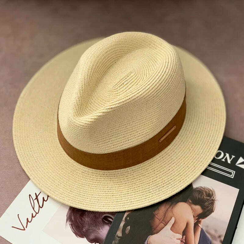 KIMLUD, Panama Straw Hat Unisex Top Hat Fedora Hat Big Head Size Sunshade Adjustable Elegant Gentleman Versatile Style, Oat yellow / M 54-57cm / CHINA, KIMLUD Womens Clothes