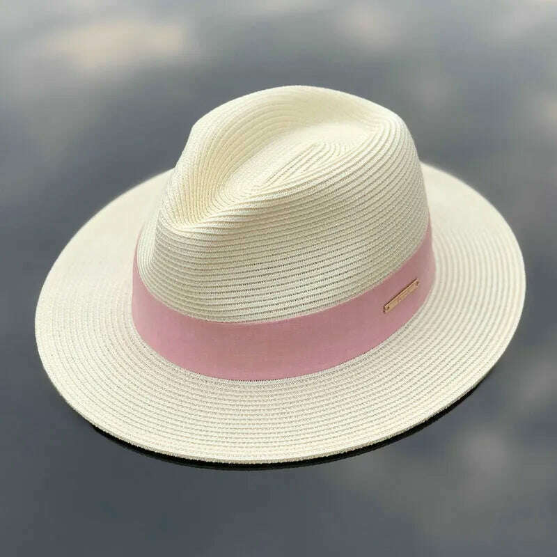 KIMLUD, Panama Straw Hat Unisex Top Hat Fedora Hat Big Head Size Sunshade Adjustable Elegant Gentleman Versatile Style, Cream pink ribbon / M 54-57cm / CHINA, KIMLUD Womens Clothes