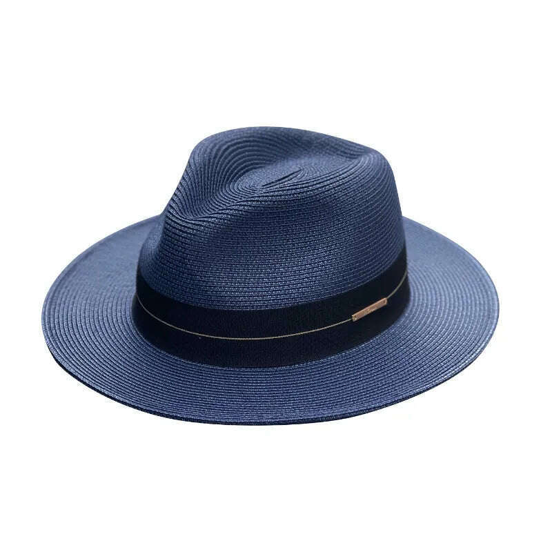 KIMLUD, Panama Straw Hat Unisex Top Hat Fedora Hat Big Head Size Sunshade Adjustable Elegant Gentleman Versatile Style, blue fine stripe / M 54-57cm / CHINA, KIMLUD Womens Clothes
