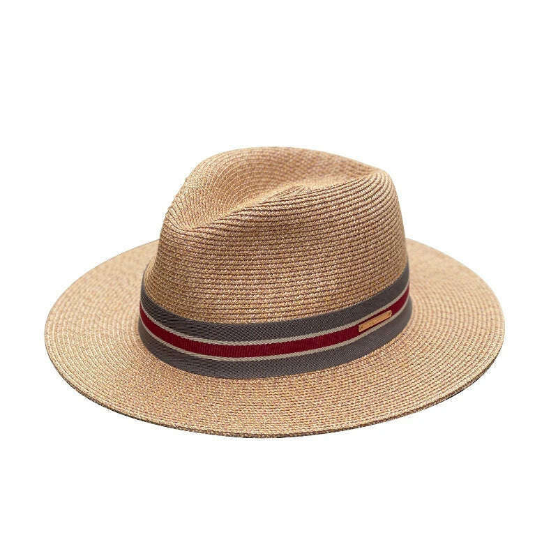 KIMLUD, Panama Straw Hat Unisex Top Hat Fedora Hat Big Head Size Sunshade Adjustable Elegant Gentleman Versatile Style, Striped red Brown / M 54-57cm / CHINA, KIMLUD Womens Clothes
