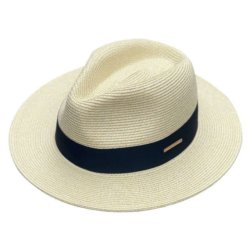 KIMLUD, Panama Straw Hat Unisex Top Hat Fedora Hat Big Head Size Sunshade Adjustable Elegant Gentleman Versatile Style, Oatyellow black belt / M 54-57cm / CHINA, KIMLUD Womens Clothes