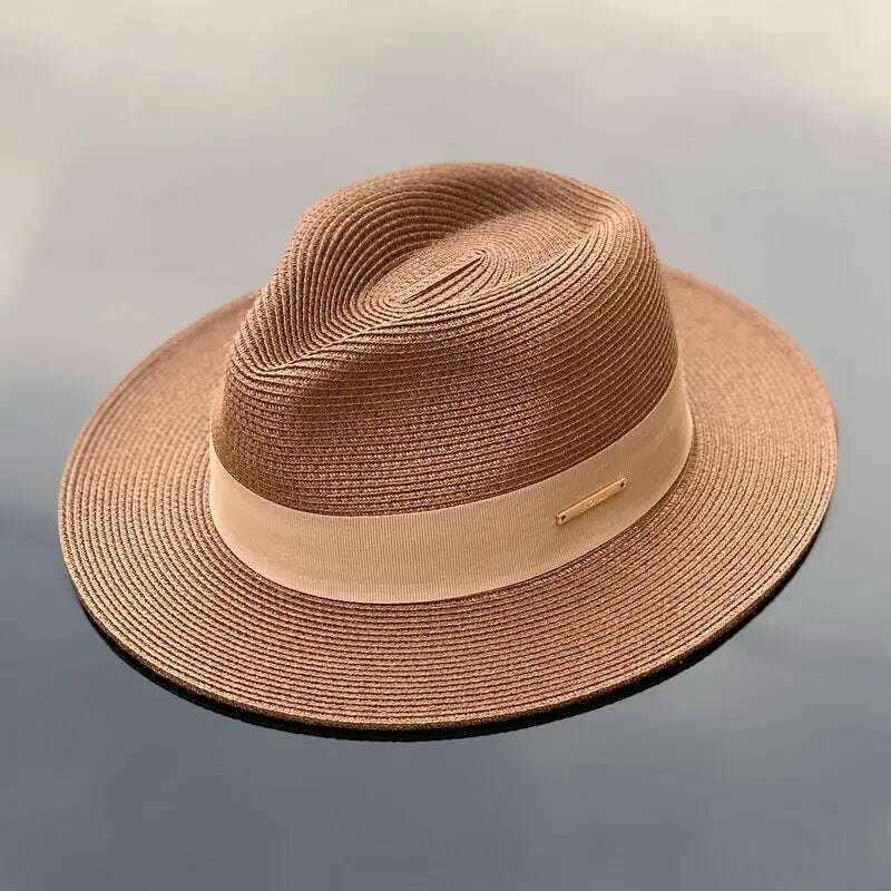 KIMLUD, Panama Straw Hat Unisex Top Hat Fedora Hat Big Head Size Sunshade Adjustable Elegant Gentleman Versatile Style, Brownie / M 54-57cm / CHINA, KIMLUD Womens Clothes