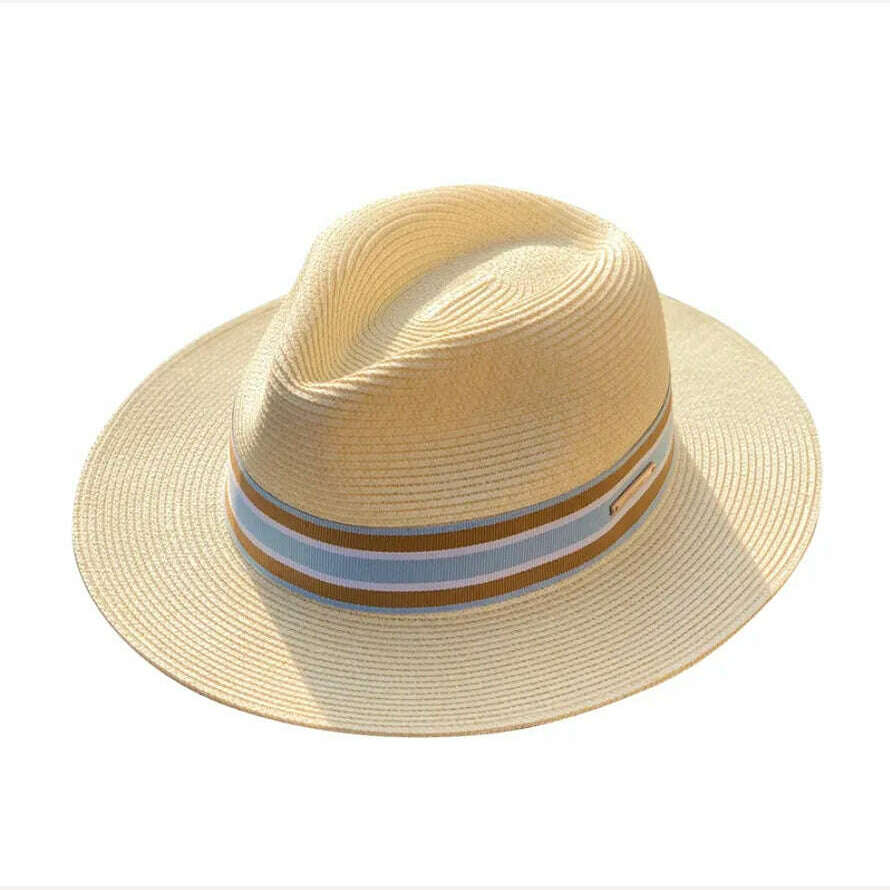 KIMLUD, Panama Straw Hat Unisex Top Hat Fedora Hat Big Head Size Sunshade Adjustable Elegant Gentleman Versatile Style, Striped beige / M 54-57cm / CHINA, KIMLUD Womens Clothes
