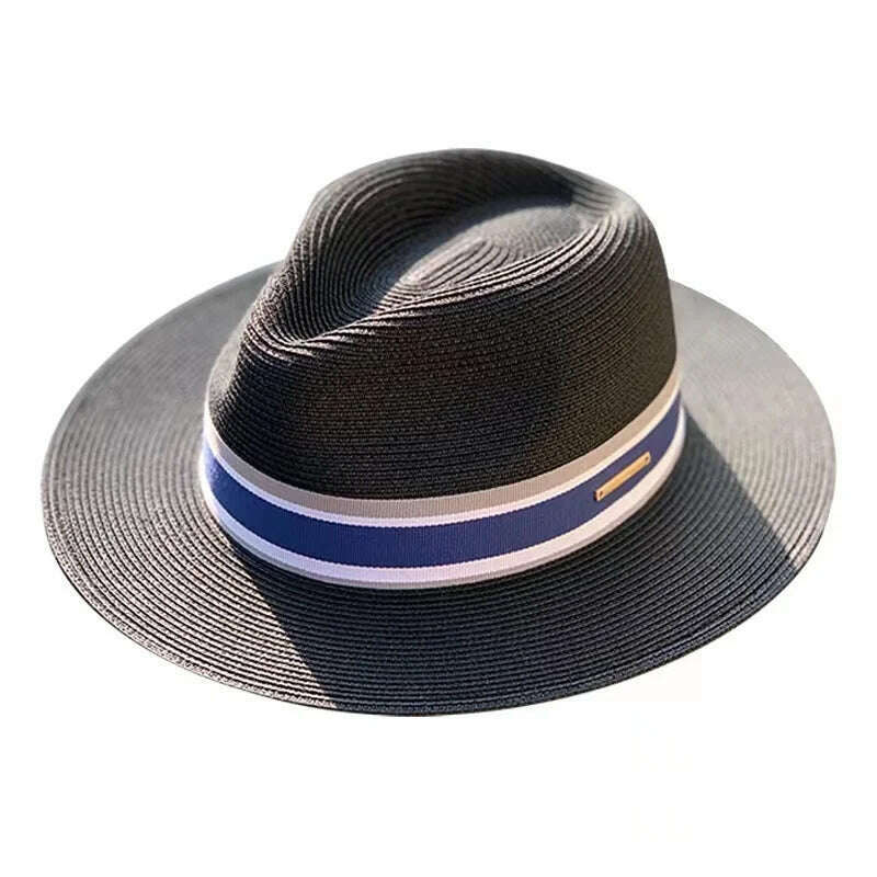 KIMLUD, Panama Straw Hat Unisex Top Hat Fedora Hat Big Head Size Sunshade Adjustable Elegant Gentleman Versatile Style, Striped Black / M 54-57cm / CHINA, KIMLUD Womens Clothes