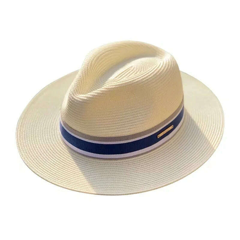 KIMLUD, Panama Straw Hat Unisex Top Hat Fedora Hat Big Head Size Sunshade Adjustable Elegant Gentleman Versatile Style, Striped cream / M 54-57cm / CHINA, KIMLUD Womens Clothes