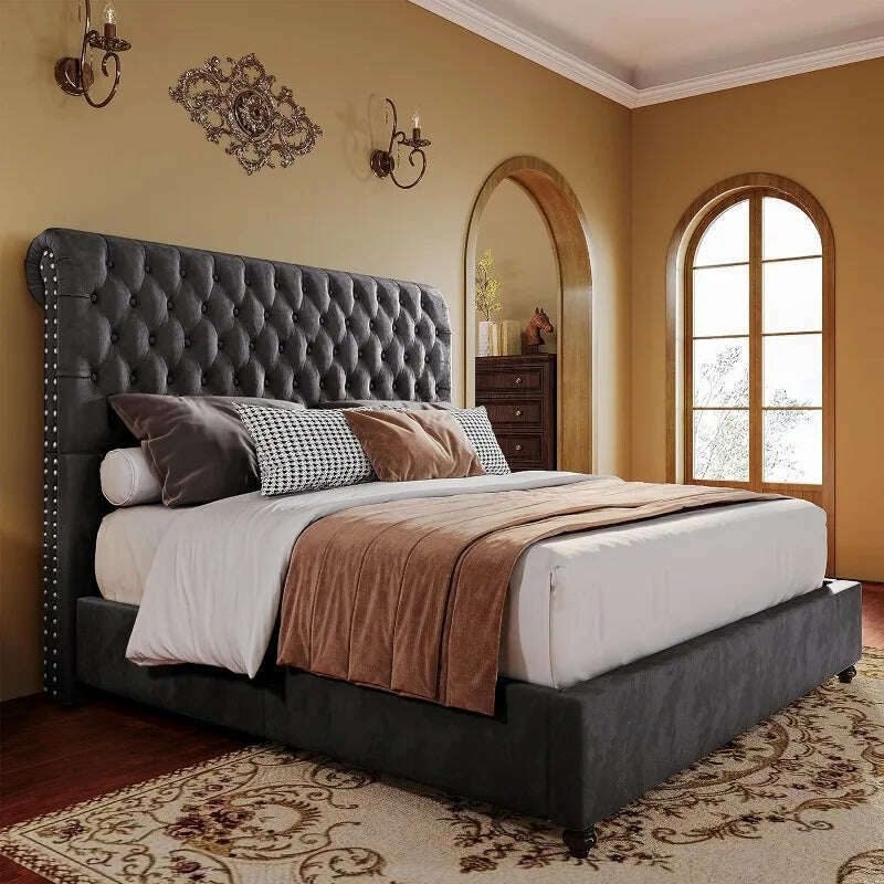 KIMLUD, PaPaJet King Size Bed Frame Upholstered Bed Frame King with 52.8” Tall Headboard/Dark Grey, Dark Grey / United States, KIMLUD Womens Clothes