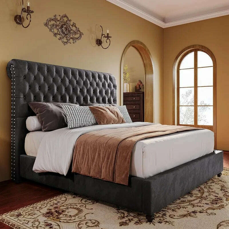 KIMLUD, PaPaJet King Size Bed Frame Upholstered Bed Frame King with 52.8” Tall Headboard/Dark Grey, Dark Grey / United States, KIMLUD APPAREL - Womens Clothes