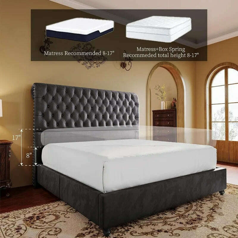 KIMLUD, PaPaJet King Size Bed Frame Upholstered Bed Frame King with 52.8” Tall Headboard/Dark Grey, KIMLUD Womens Clothes