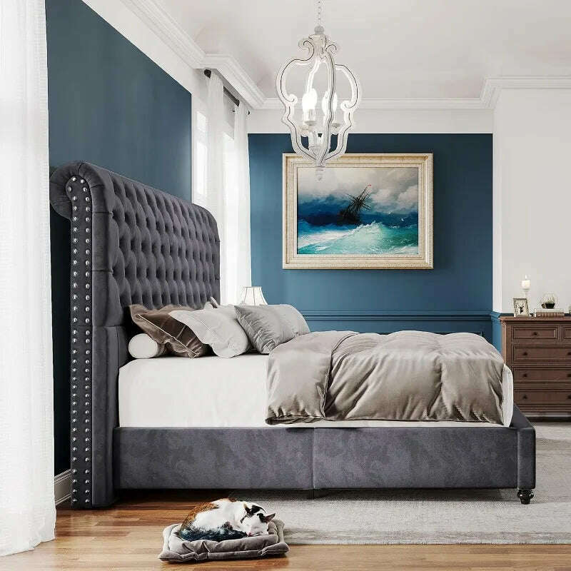 KIMLUD, PaPaJet King Size Bed Frame Upholstered Bed Frame King with 52.8” Tall Headboard/Dark Grey, KIMLUD Womens Clothes