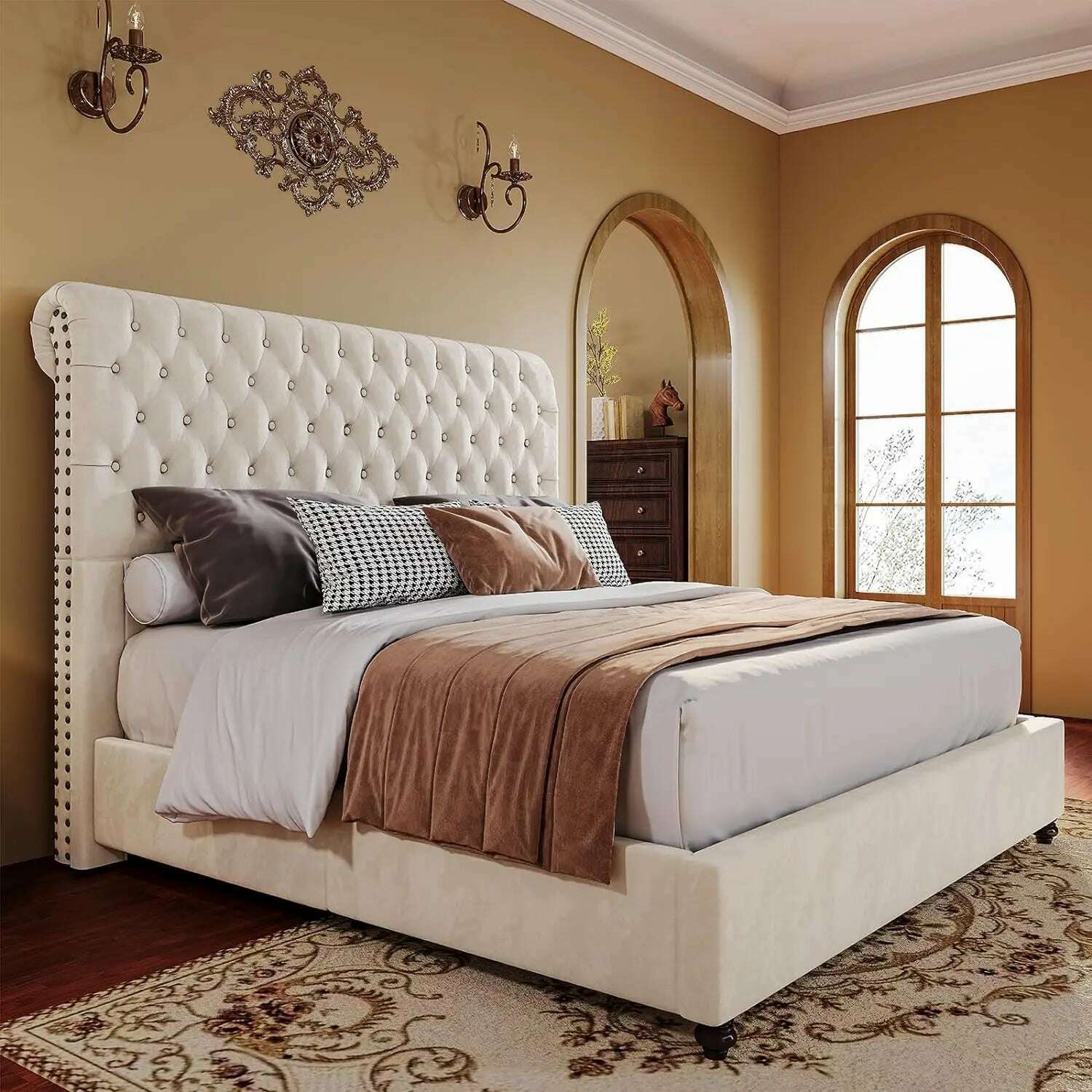 KIMLUD, PaPaJet King Size Bed Frame Upholstered Bed Frame King with 52.8” Tall Headboard/Dark Grey, Cream / United States, KIMLUD APPAREL - Womens Clothes
