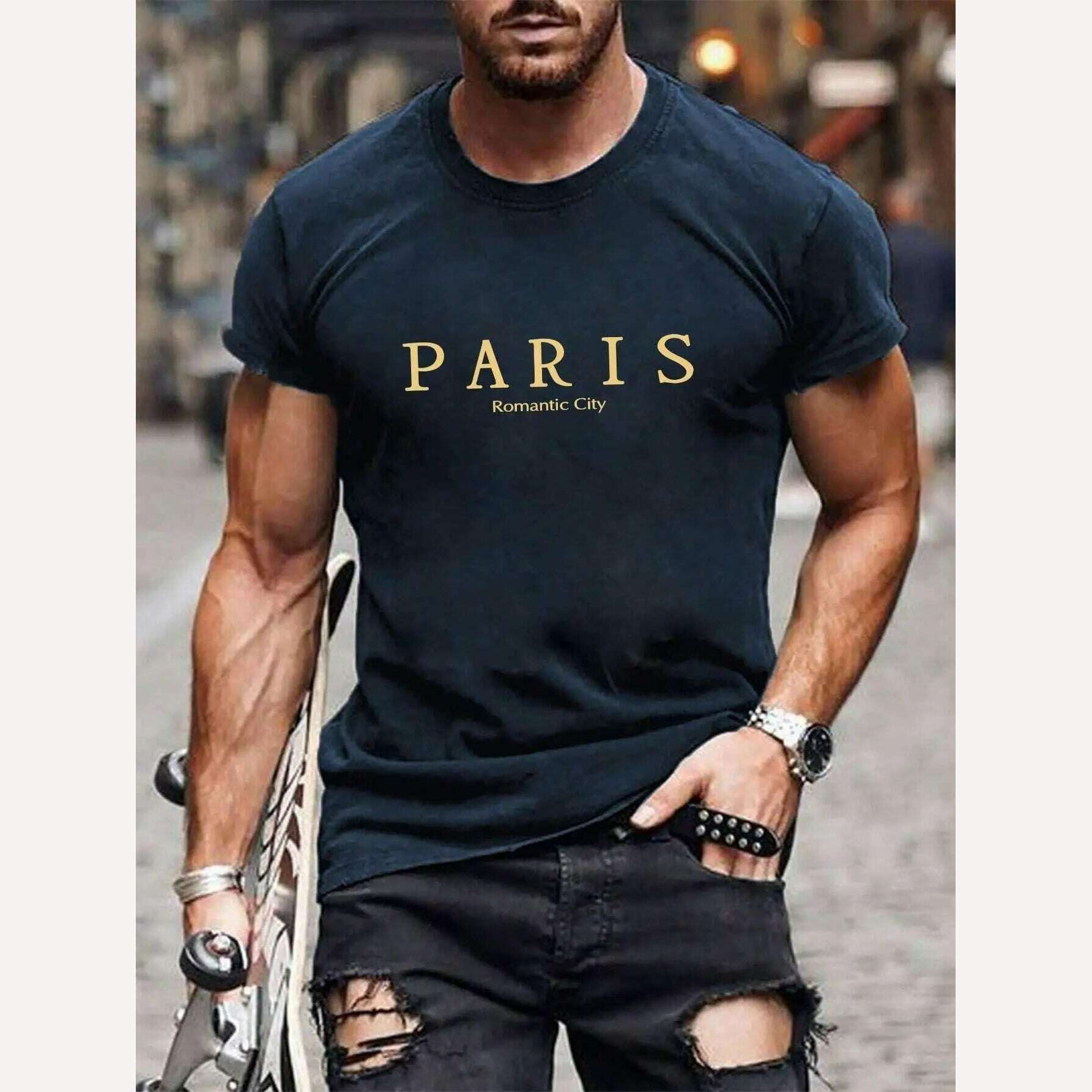 Paris Romantic City Letter Graphic Print Tees Men T-Shirt Summer Loose Clothing Loose Cotton Oversize Tshirt Street Soft Tops - KIMLUD