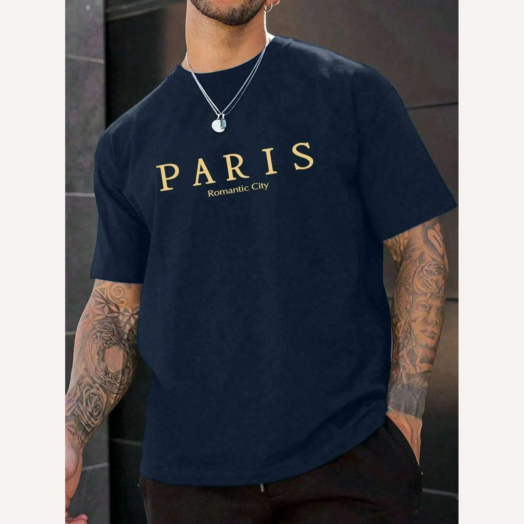 Paris Romantic City Letter Graphic Print Tees Men T-Shirt Summer Loose Clothing Loose Cotton Oversize Tshirt Street Soft Tops - KIMLUD