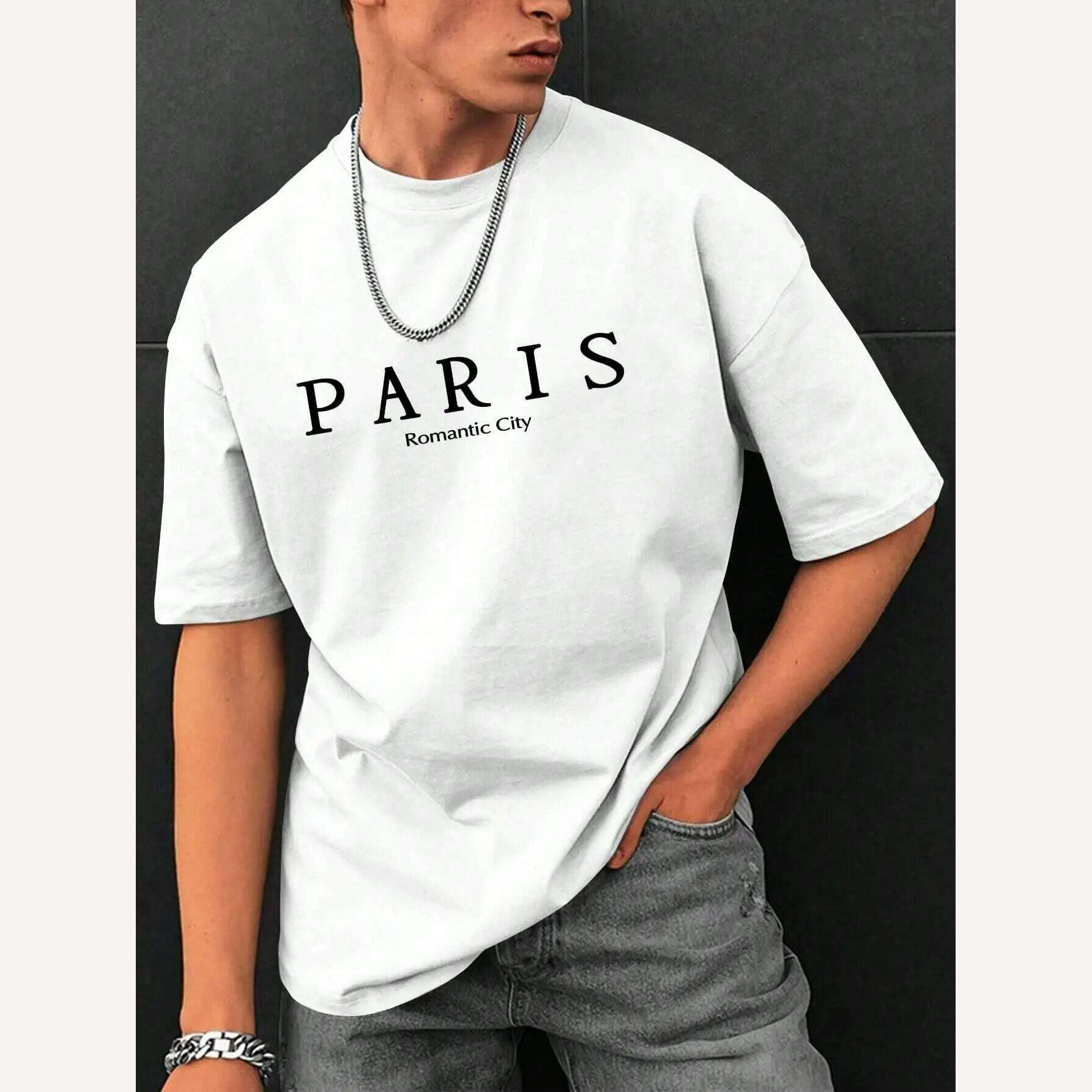 Paris Romantic City Letter Graphic Print Tees Men T-Shirt Summer Loose Clothing Loose Cotton Oversize Tshirt Street Soft Tops - KIMLUD