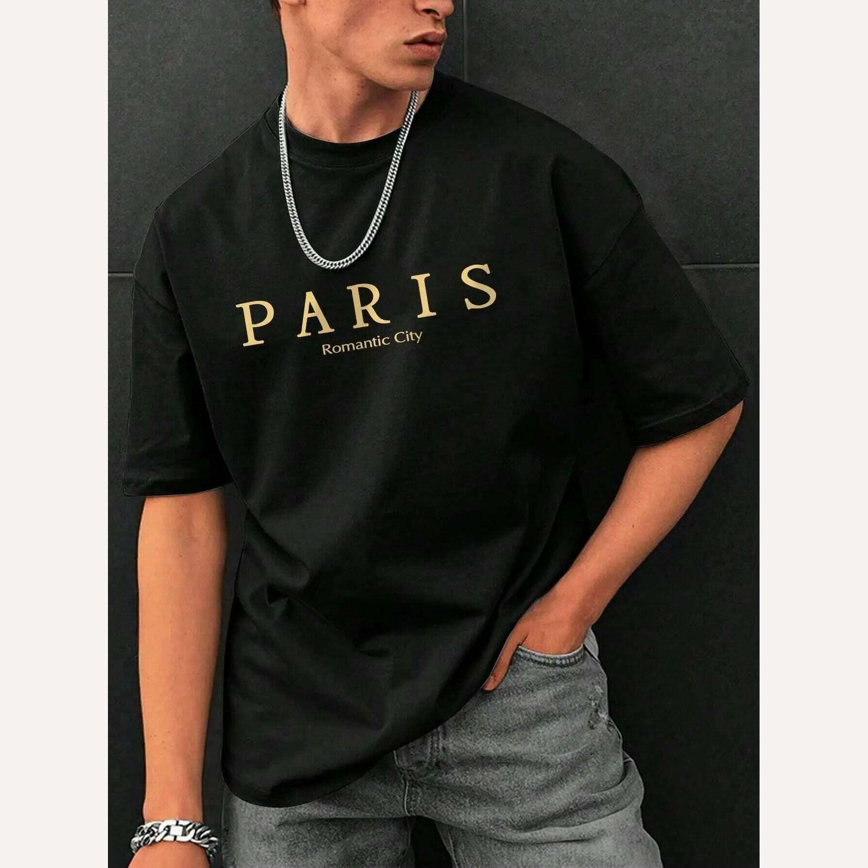 Paris Romantic City Letter Graphic Print Tees Men T-Shirt Summer Loose Clothing Loose Cotton Oversize Tshirt Street Soft Tops - KIMLUD