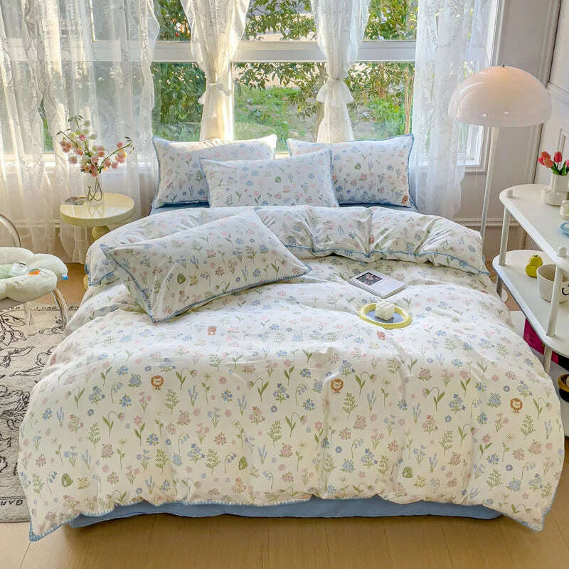 Pastoral Girls Flower Bedding Sets, Washed Cotton Bed Linens, Soft Quilt Cover Sheet Set, Simple Bedspread, Home Textiles - KIMLUD