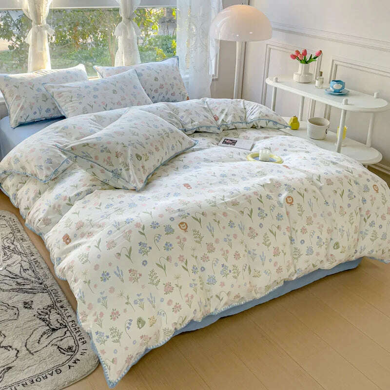 Pastoral Girls Flower Bedding Sets, Washed Cotton Bed Linens, Soft Quilt Cover Sheet Set, Simple Bedspread, Home Textiles - KIMLUD