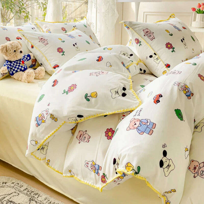 Pastoral Girls Flower Bedding Sets, Washed Cotton Bed Linens, Soft Quilt Cover Sheet Set, Simple Bedspread, Home Textiles - KIMLUD
