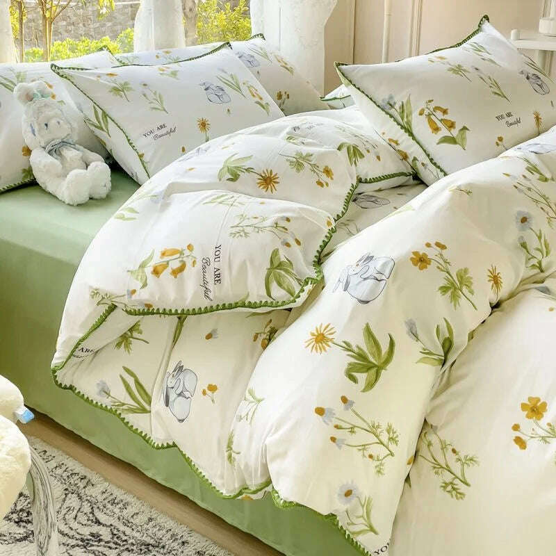 Pastoral Girls Flower Bedding Sets, Washed Cotton Bed Linens, Soft Quilt Cover Sheet Set, Simple Bedspread, Home Textiles - KIMLUD
