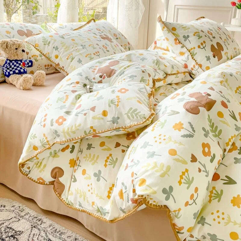 Pastoral Girls Flower Bedding Sets, Washed Cotton Bed Linens, Soft Quilt Cover Sheet Set, Simple Bedspread, Home Textiles - KIMLUD