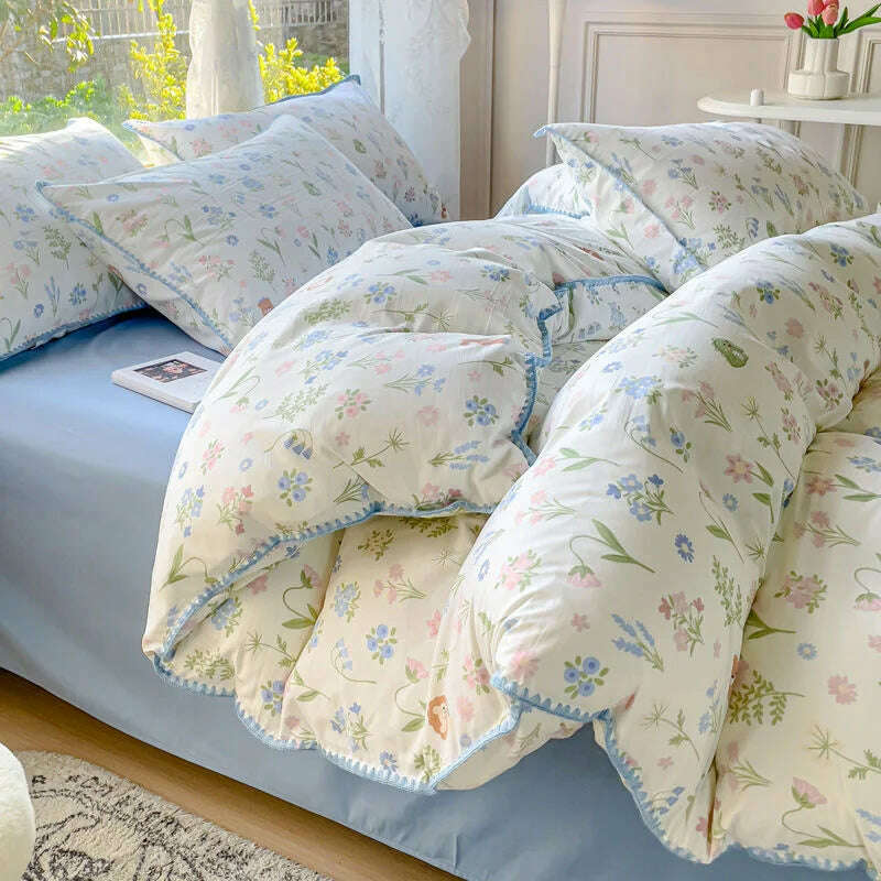 Pastoral Girls Flower Bedding Sets, Washed Cotton Bed Linens, Soft Quilt Cover Sheet Set, Simple Bedspread, Home Textiles - KIMLUD